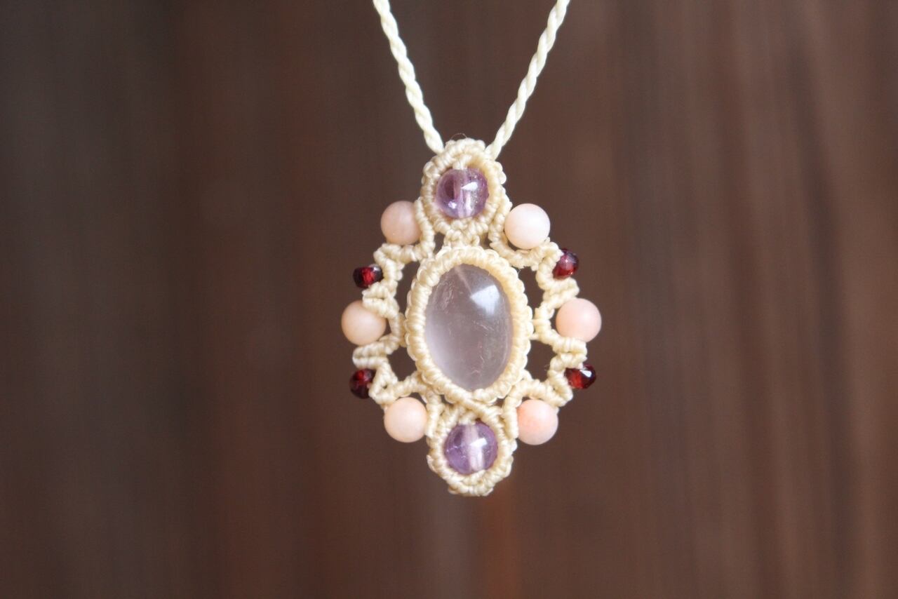 Rose quartz stone mandala micromacrame pendant
