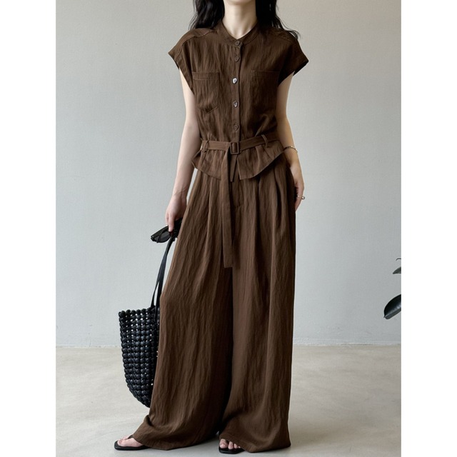 【set up】belted sleeveless shirt & wide pants L0544