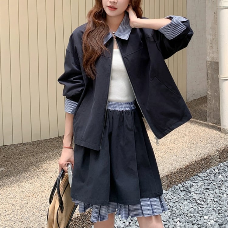 Checkered patchwork jacket & skirt【2set】00049