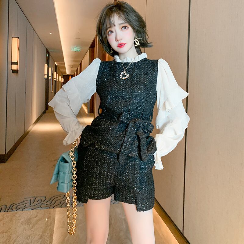 レースカラースリーブトップス ツィードハイウェストウェストショーツ スプリング 春物 ブルマー ステッチ MIUCO12110016896