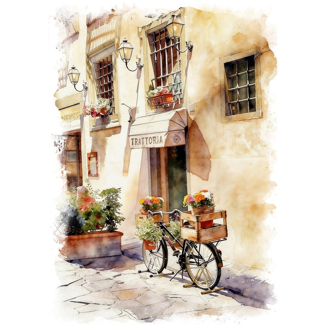 絵画 風景画(街並み)  イタリア トラットリアと自転車 インテリアアート額付き 水彩画・油絵風 WAT0726