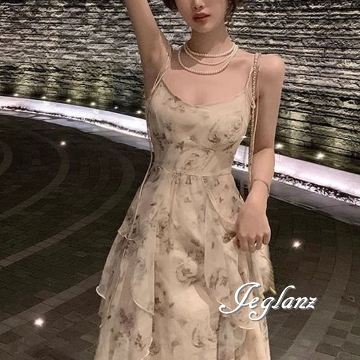 パーティ 花柄 キャミワンピース レイヤード フリル 背中開き ♪(MA225)ζ