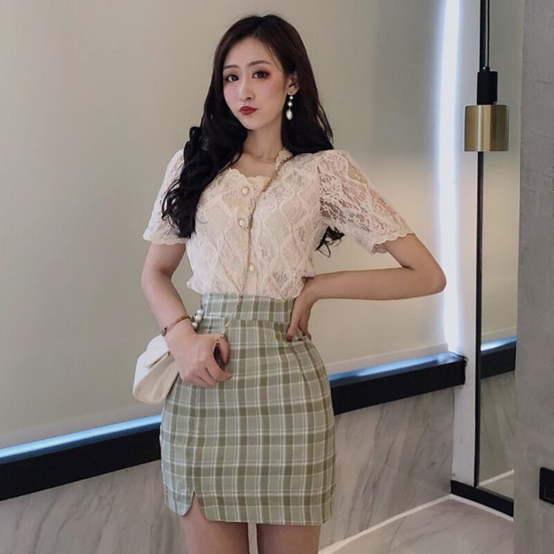 スプリングレッドレーストップス グリーン格子柄スカート 春物 YY-ファッション72960343549