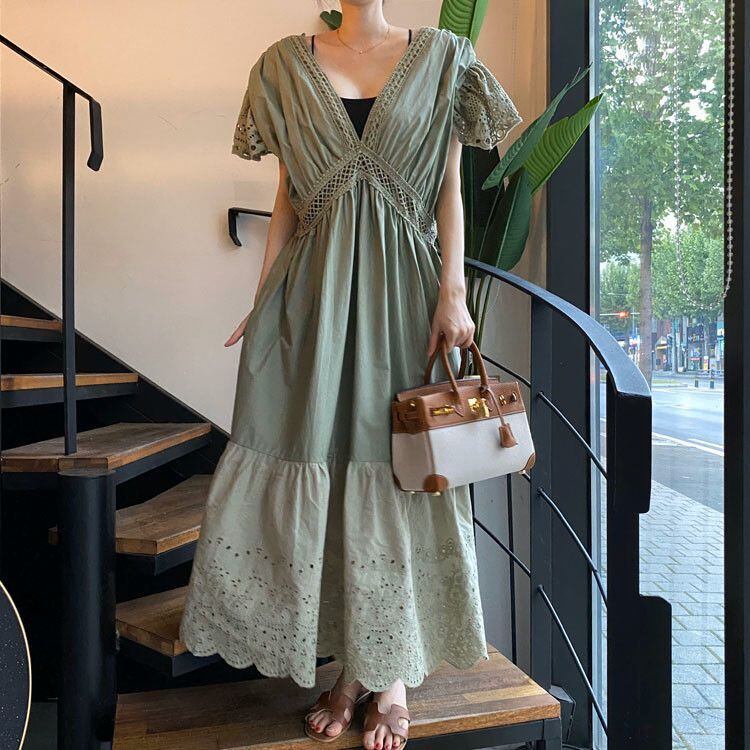 すっきり美人見え 夏 新着 深いVネック 休暇 セクシー ワンビース ロングスカート