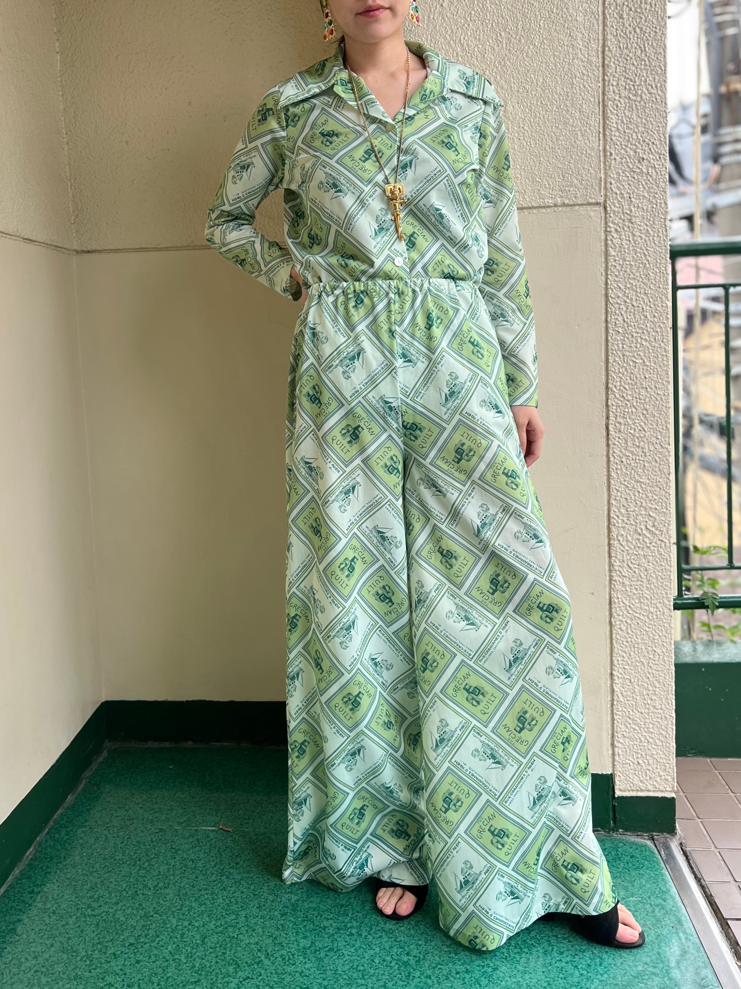 70s-80s green poly pants suits ( ヴィンテージ グリーン ポリ パンツスーツ)