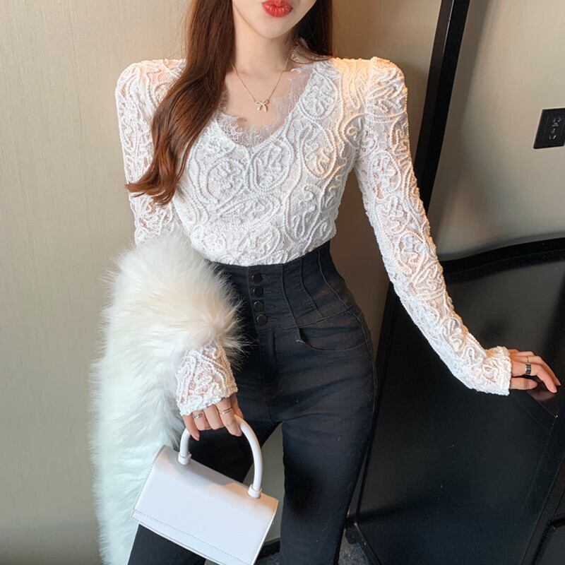 スタイルVネックレースシャツ オータムTシャツ ロング 秋物 ガールズファッション99737172991