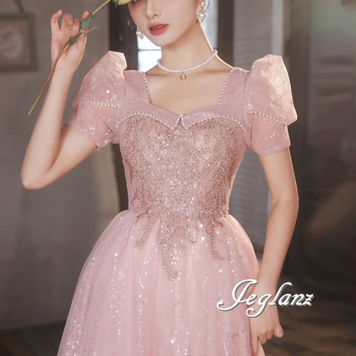 パーティ イブニングドレス スクエアネック パール付き キラキラ 光沢感(M5804)ζ