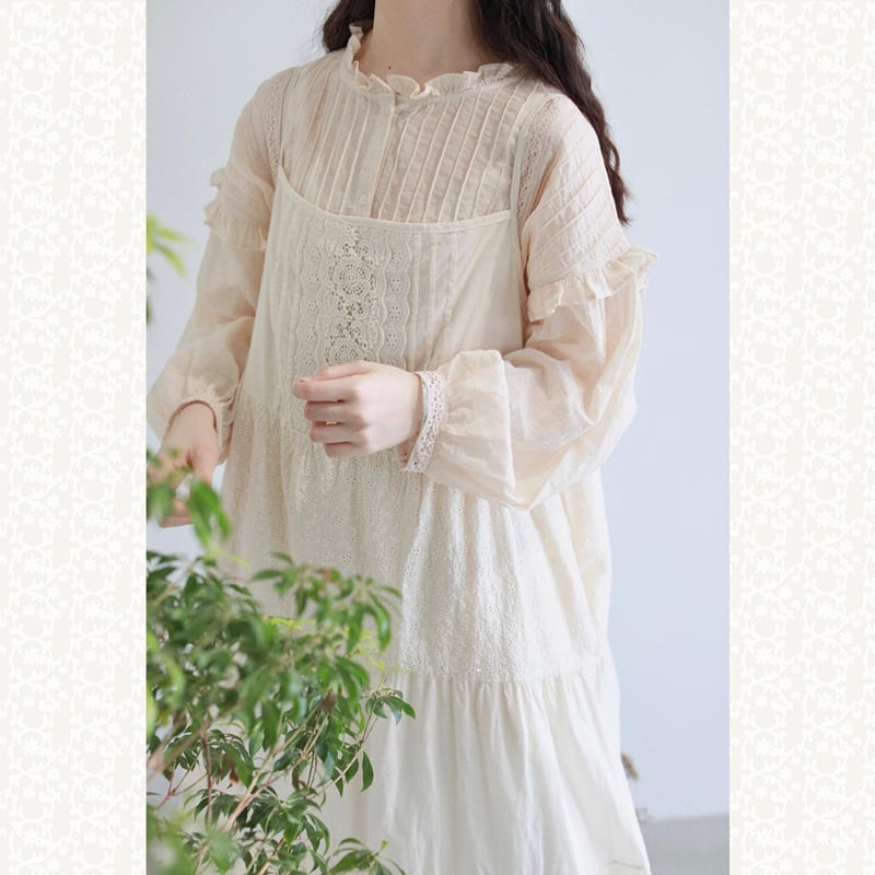 レイヤードかぎ編み刺繍キャミワンピース W0264