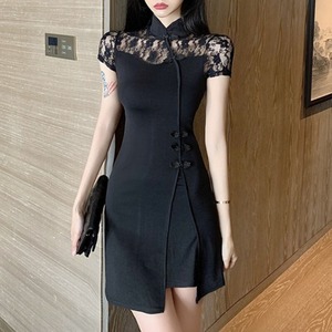 ワンピース チャイナ風 半袖 黒 好感度up スタンドネック 流行り 刺繍 合わせやすい ブラック S M L Dresszone