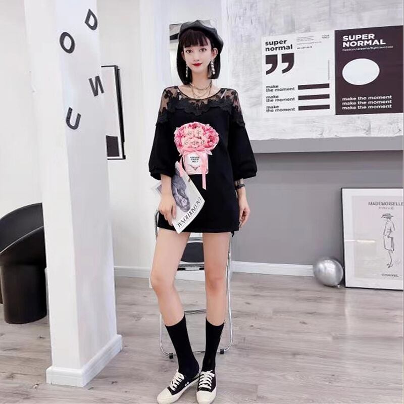 ラウンドネックメッシュレースFlowerデザイン パターンTシャツ シャツ レディーススタイル 大きめサイズ Oネック フラワーデザイン ステッチ ミックスインファッション16933118923