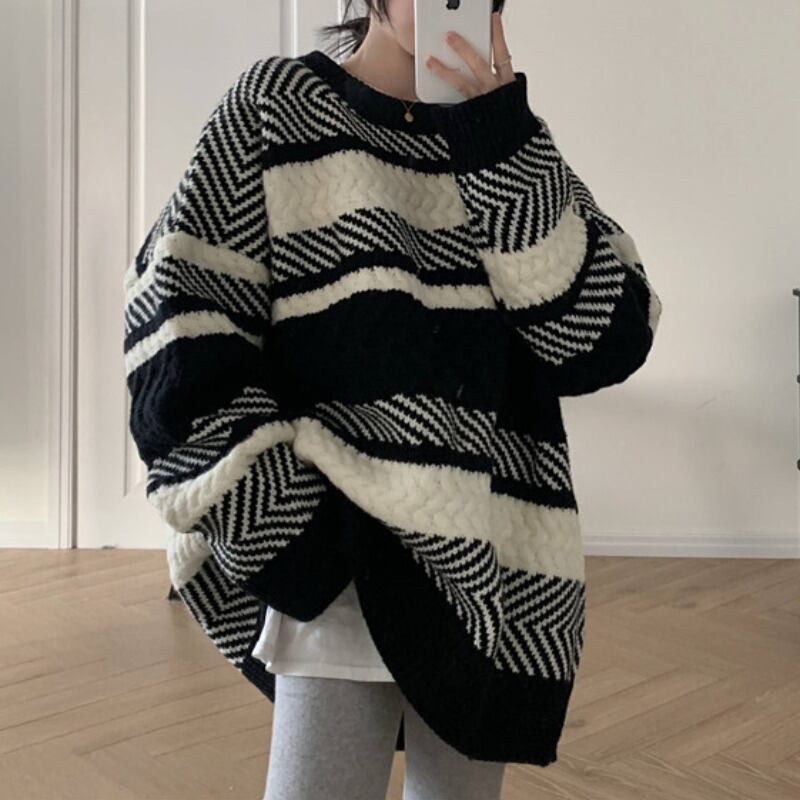 ストライププルオーバー セーター レディースルーズスタンダードスタイルニットジャケット レトロ ウィンター 冬物 萌量不足31187892121