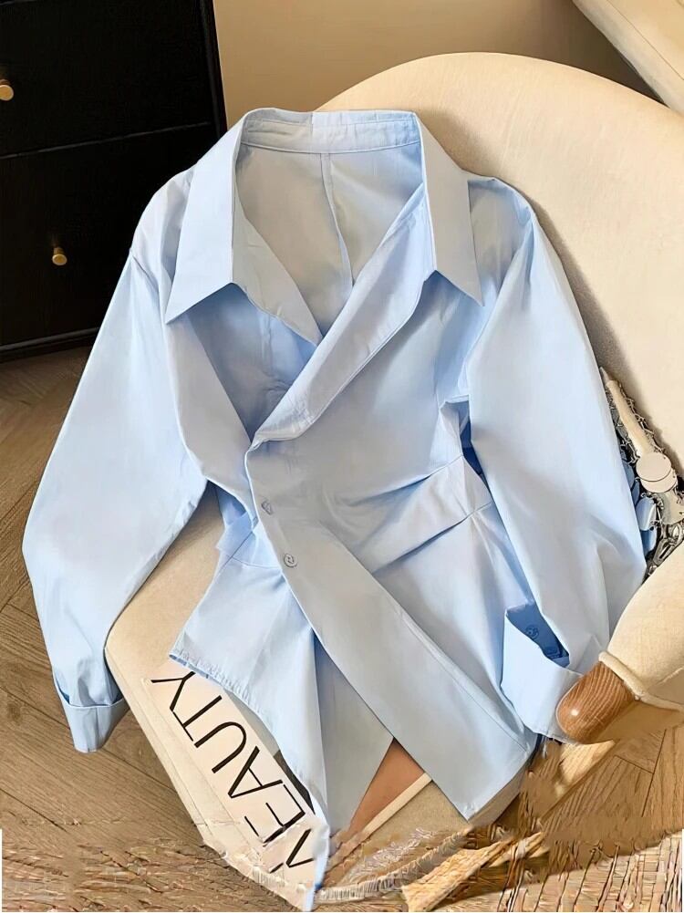 デザイナーイレギュラー長袖ポロシャツ レディース チュニック ホワイト エレガント ベーシックトップ ブラウス レディースファッション ワークウェア シャツ