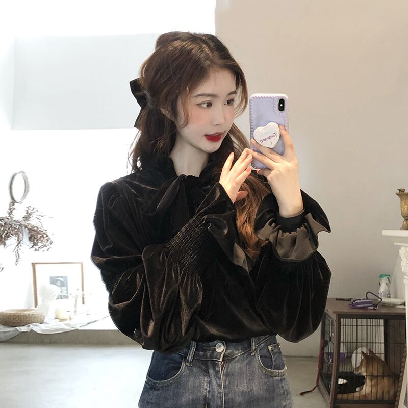 スタイルブラックシャツ スプリングベルベットレディース リボン 春物 スーパーモール19331422064