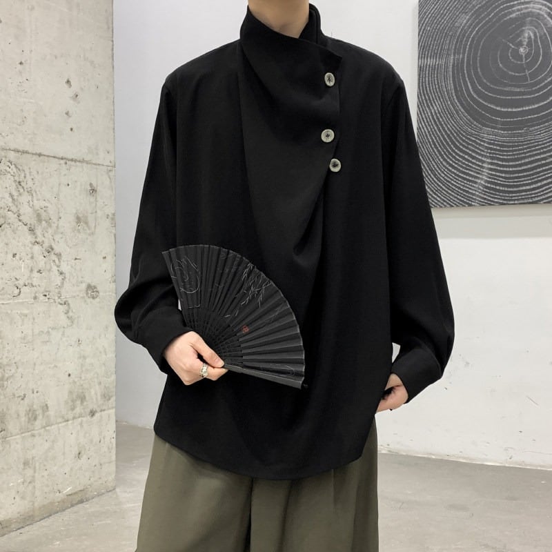 スタンドカラーアシンメトリーボタンドレープシャツ 2color MTO0397