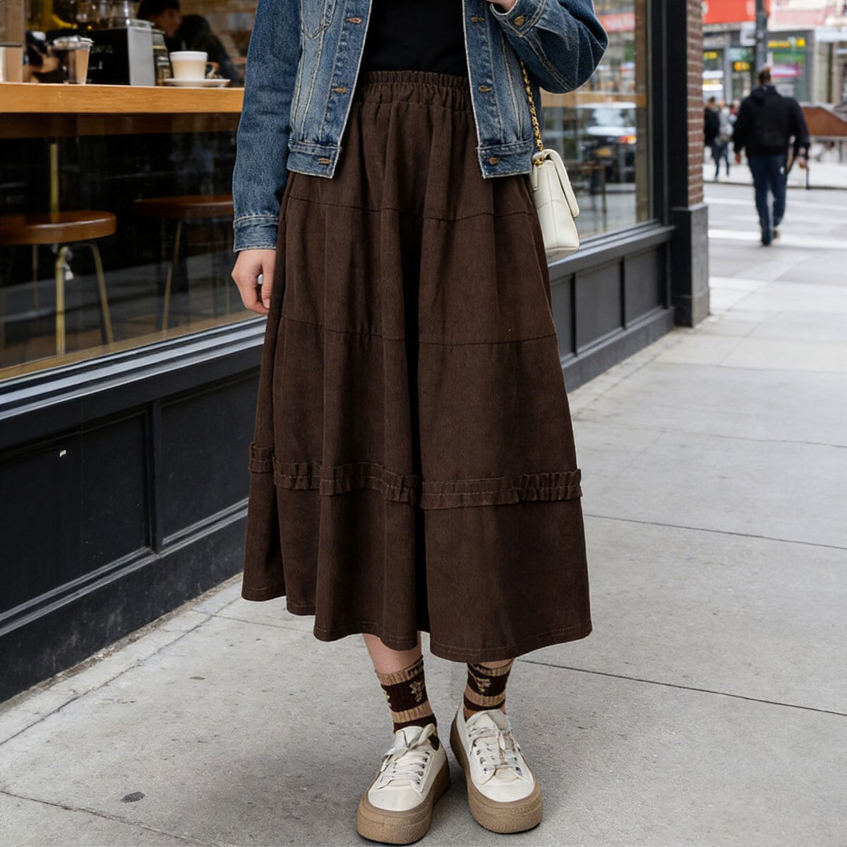 ティアード スカート コーデュロイ Aライン レディース 春秋冬 韓国 ロングスカート きれいめ 大人 かわいい おしゃれ シンプル ハイウエスト ミモレ丈 ウエストゴム 大人可愛い 大人女子