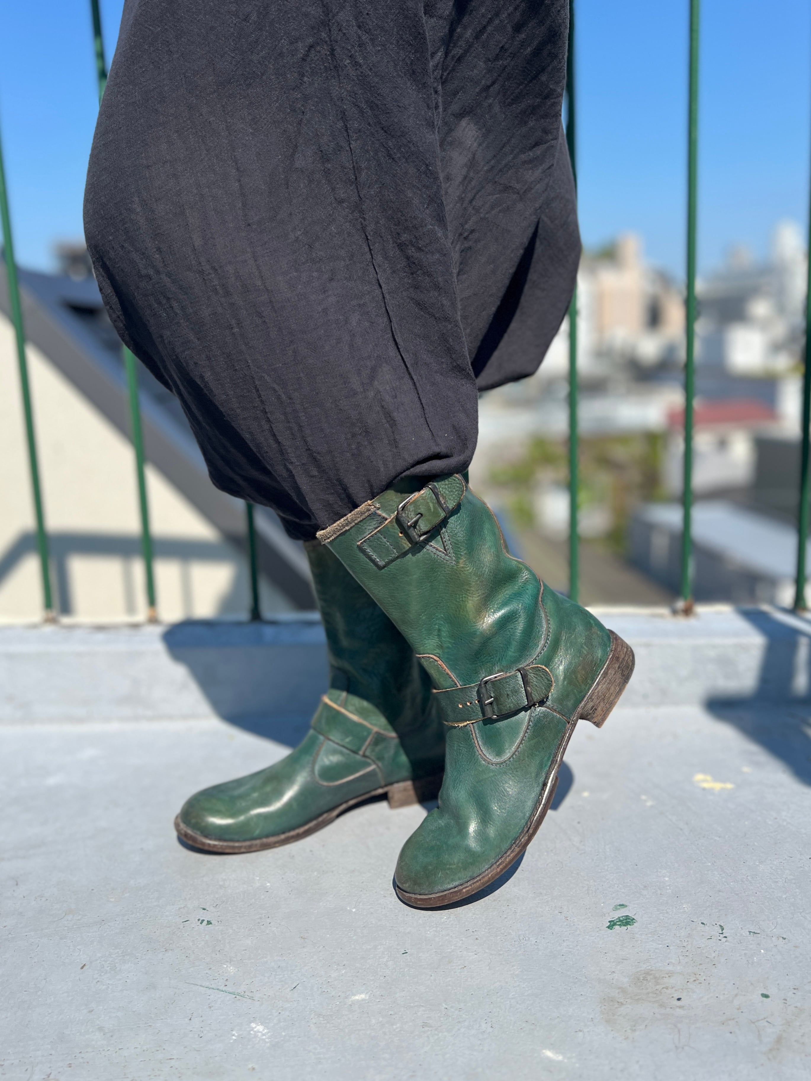 【23.5-24cm】Vintage ITALY Green Leather Engineer Boots