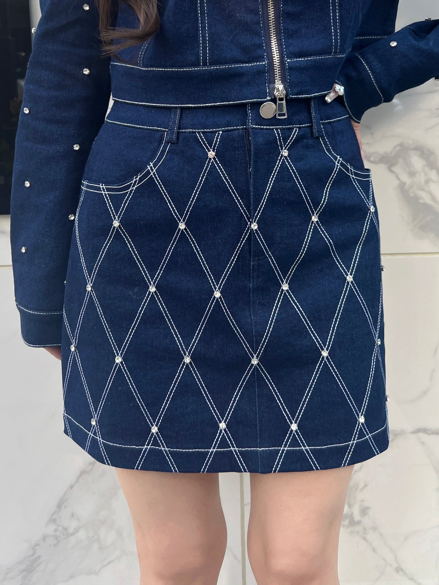 ミニスカートDenim white stitch kirakira skirt