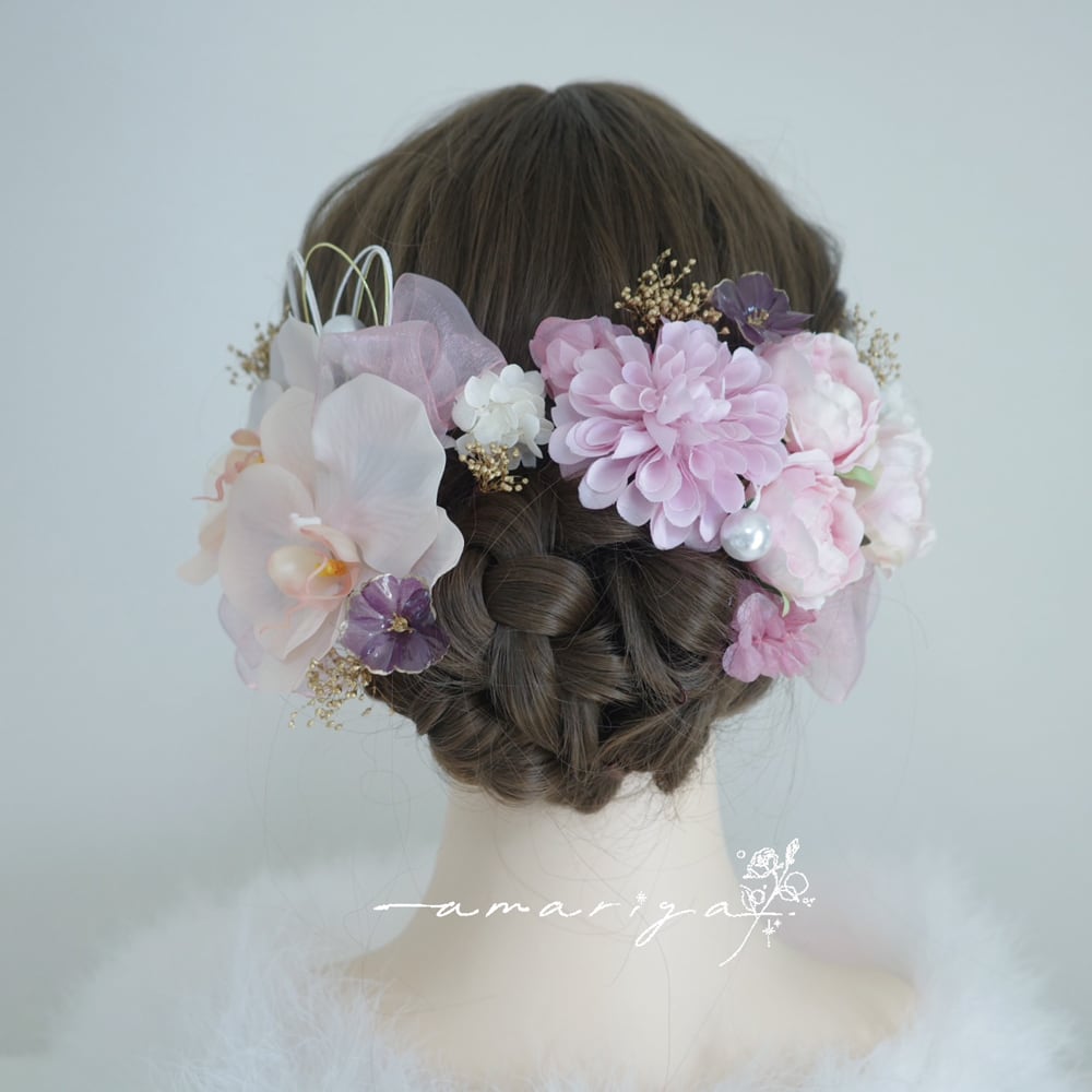 髪飾り 胡蝶蘭とピーチとピンクローズ(オーガンジーリボン付き)