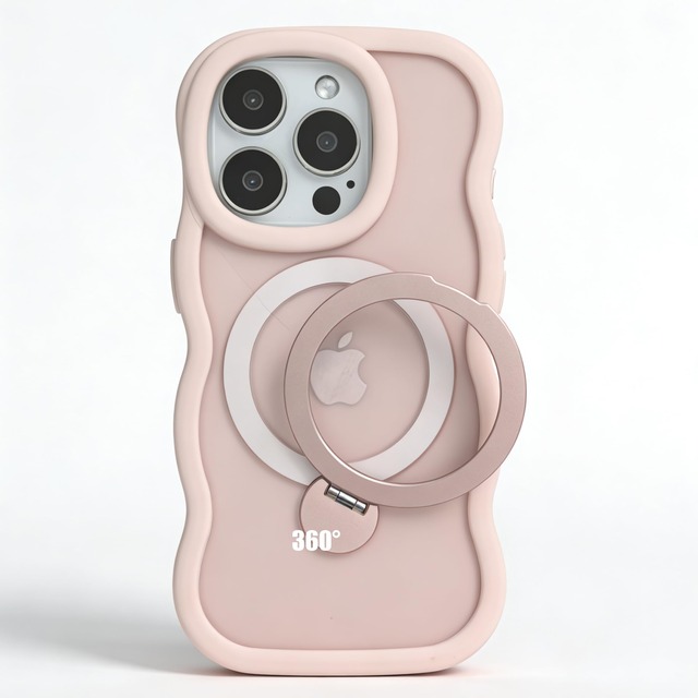 Kanyaku Iphone16Pro用の ケース magsafe対応 超強磁力 TPU 韓国 可愛い ウェーブ ソフト 滑り止め 耐衝撃 半透明 マット感 おしゃれ スマホケース アイフォン 16Pro 用 ケース 360°回転スタンド 縦横両対応 スマホケース iphone 16Pro 用 マグセーフ リング マグネット搭載 (LSXZ-16pro-fen)