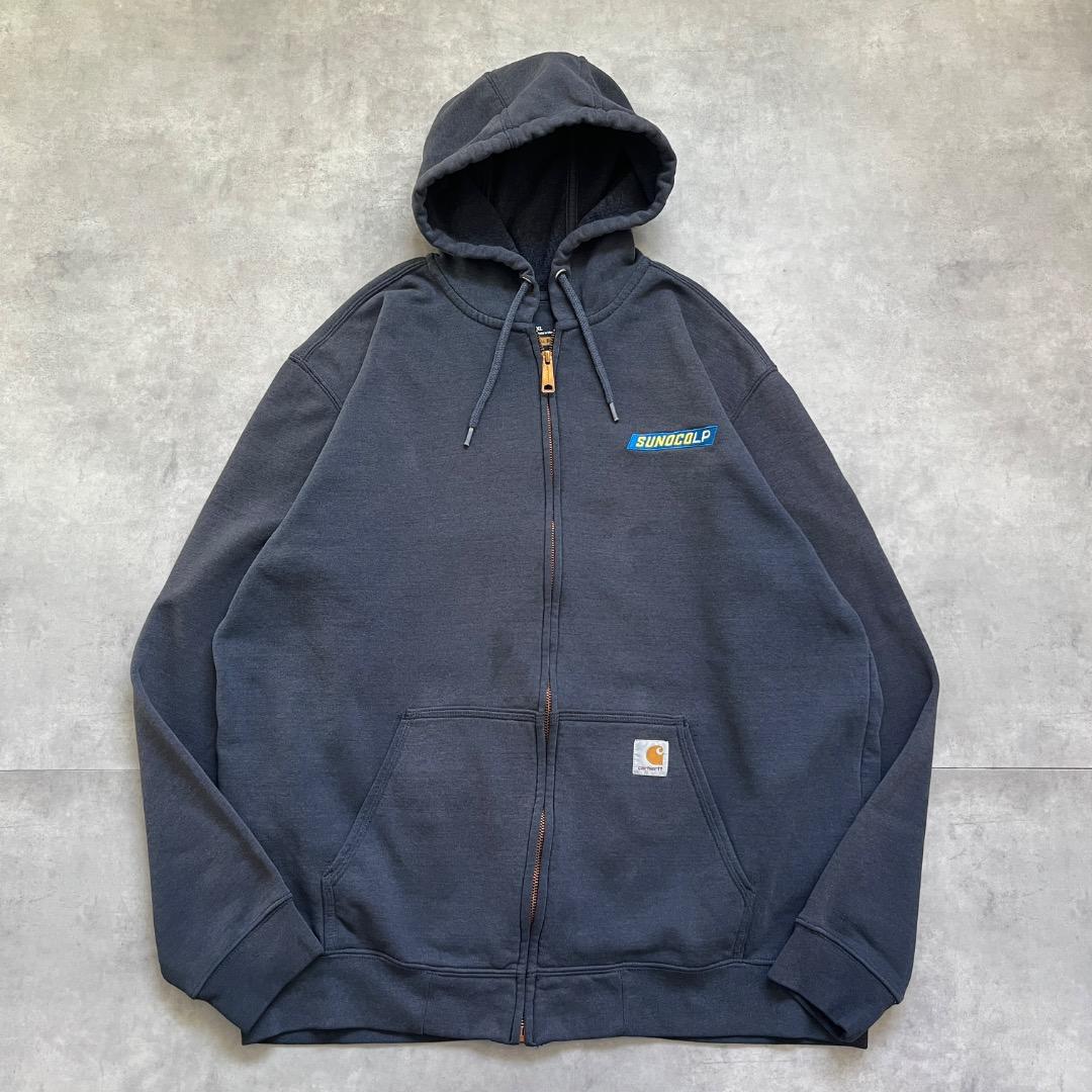 カーハート ジップパーカー アクティブ 企業ロゴ 古着 XL 紺 17747