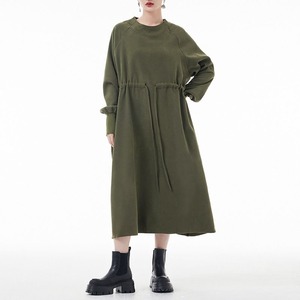 SOLID DRAWSTRING WAIST A-LINE MIDI PULLOVER DRESS 2colors M-14352