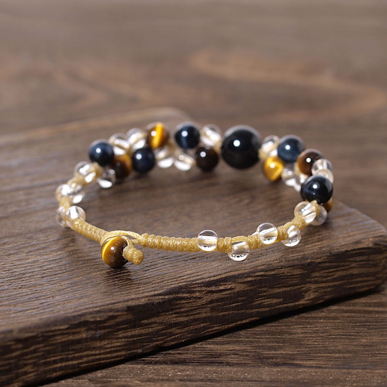 モリオン（黒水晶）、ブルータイガーアイ、ゴールドルチルクォーツ