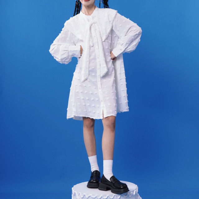 Stand collar bow tie drop shoulder shirt dress 00088