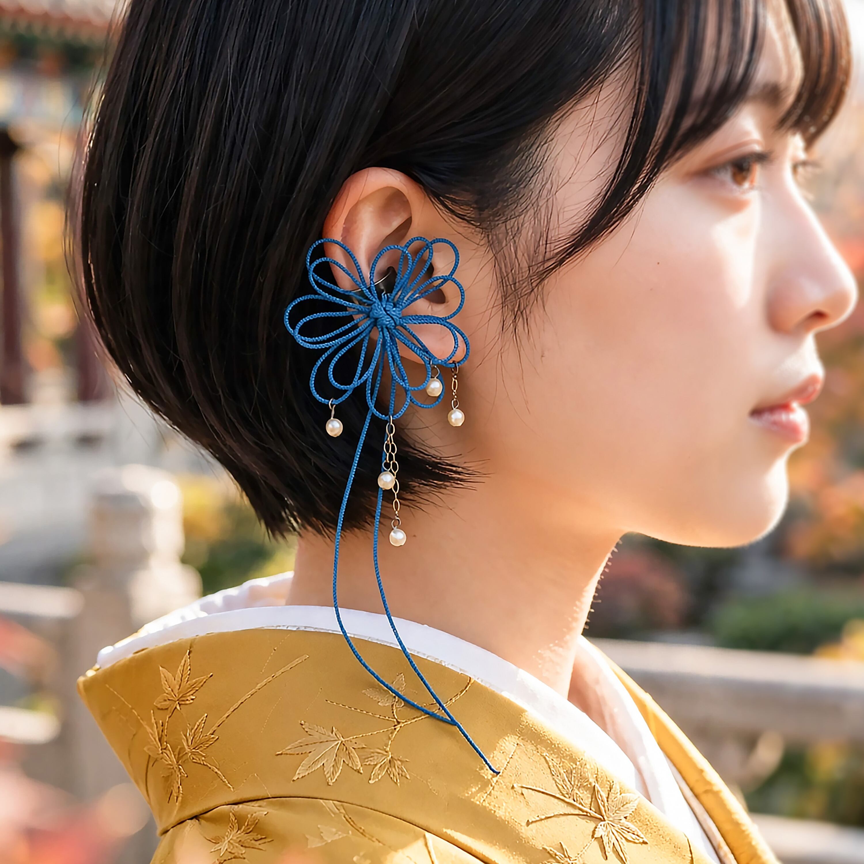 飾り結びかたっぽイヤーカフ「ヒタ降リ揺レル」【軽量】+グラスパールで浴衣・着物・洋服に。