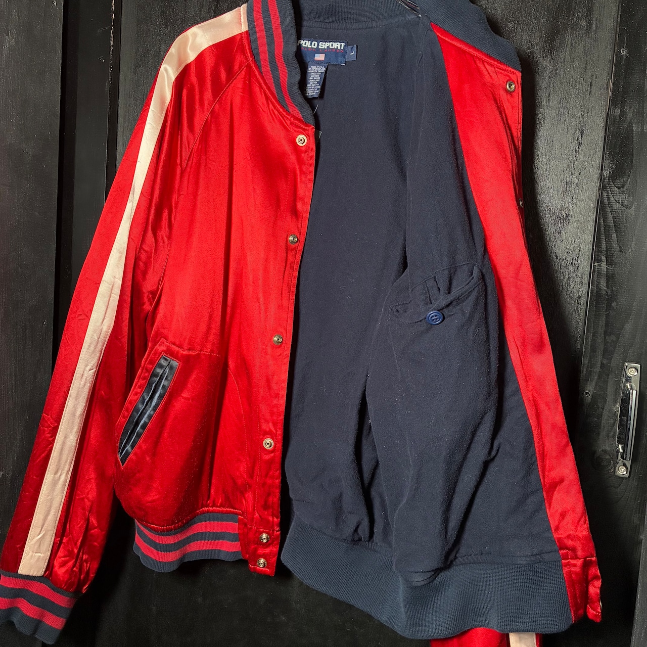 90s USA製　POLO SPORT レーヨンサテンスタジャン　赤　ポロスポーツ　スクリプトロゴ