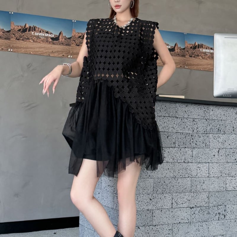 オーバーサイズ切り替えチュールAラインワンピース 1color ON0940