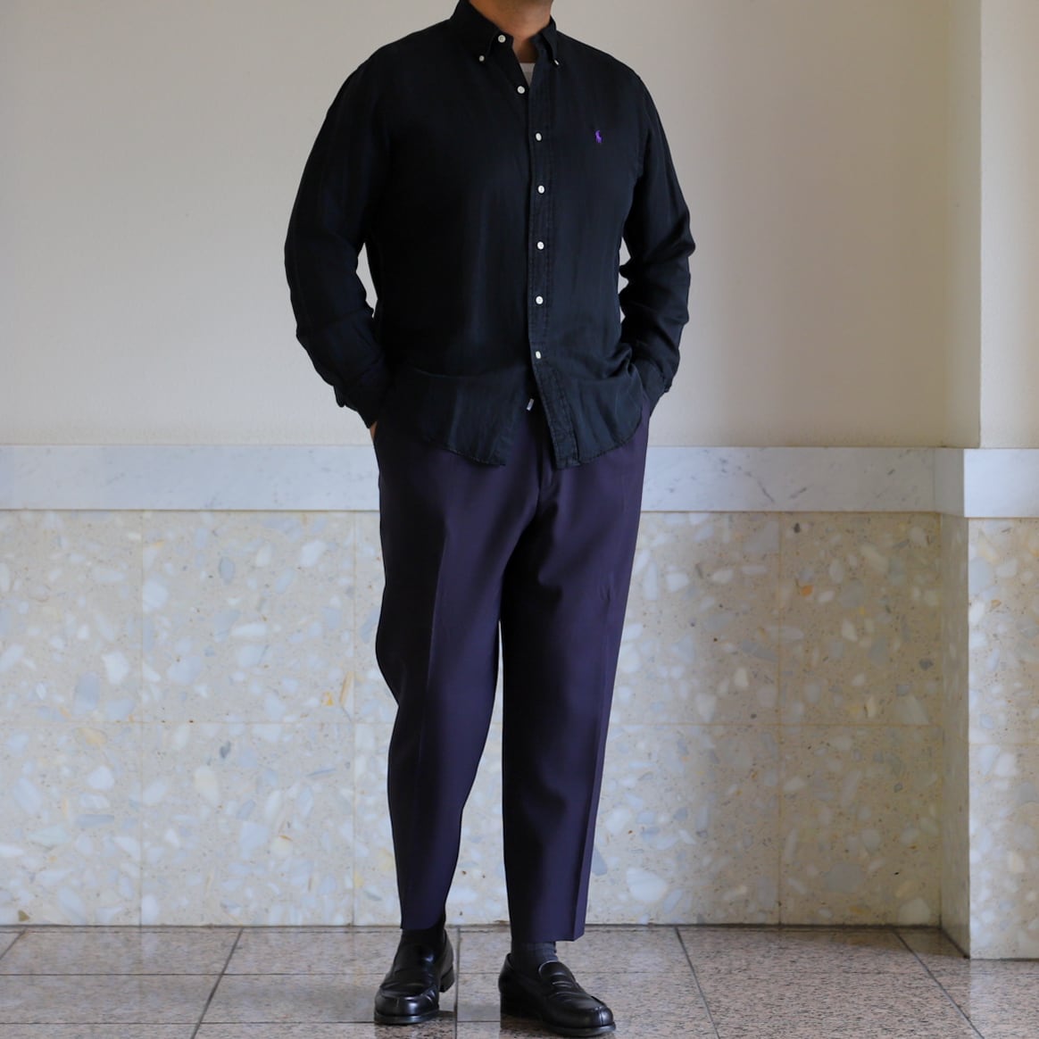 極美品】80s Ralph Lauren special linen silk shirt Black big size