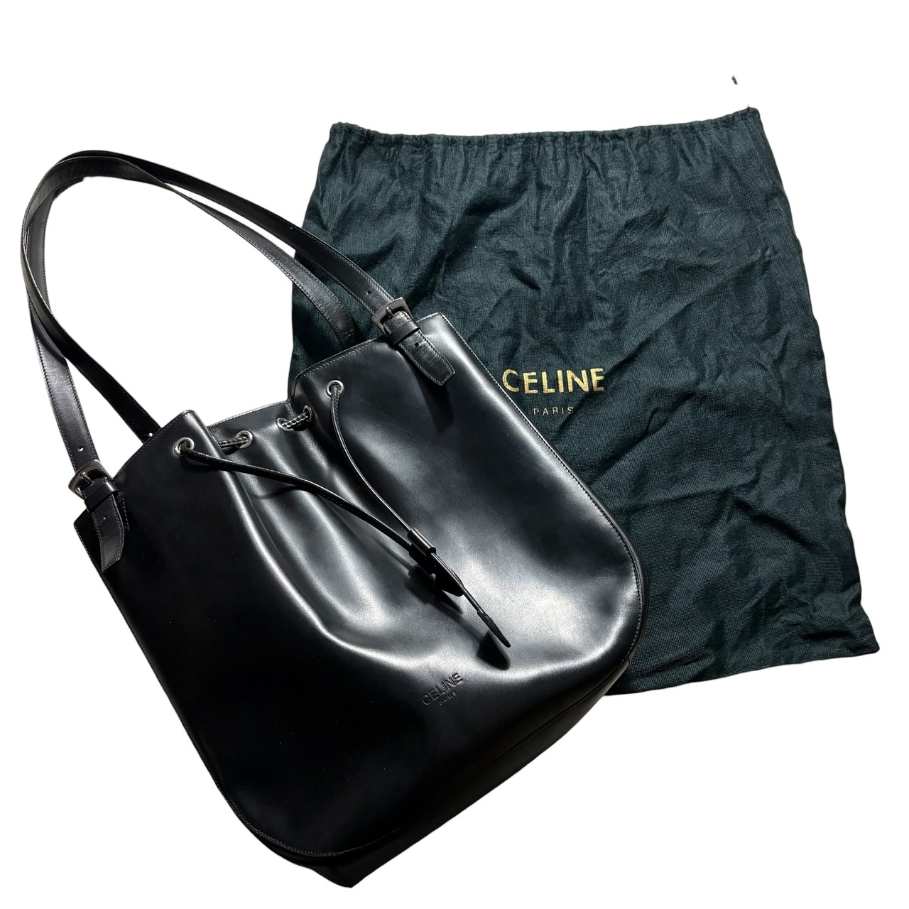 CELINE black leather drawstring tote bag