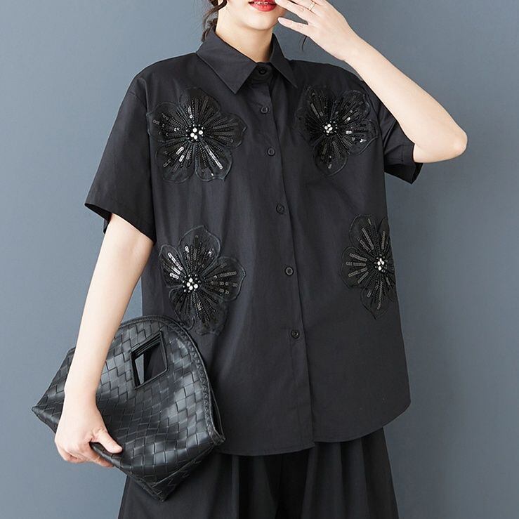 SEQUINS FLOWER MOTIF TRIMMED HALF SLEEVES SHIRT 2colors M-13032