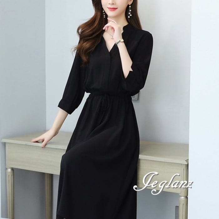 上品 スキッパー ワンピース ドレス ドロスト きれいめ 7分袖 ♪(M9249)ζ