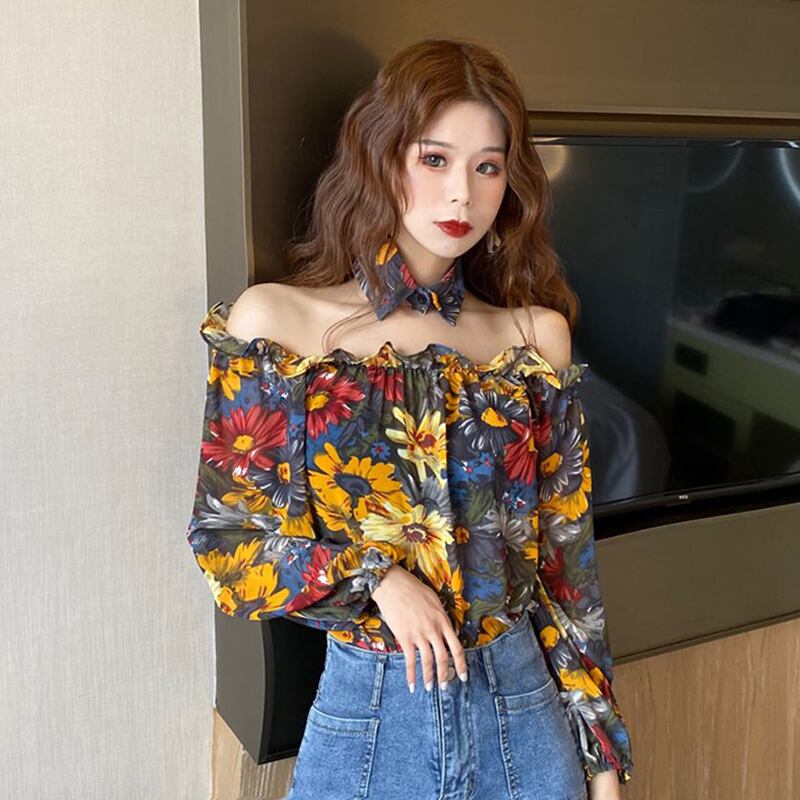 2020年初春の新しい香港スタイルのバブル長袖ワンネックオフショルダーシャツレディース、デザイン感と用途の広いトップ 1号婦人28003284525