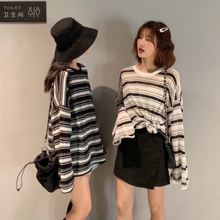 レッドストライプ薄手シャツ スプリングルーズTシャツ トップス ロング 春物 クレセントシティ40189882482