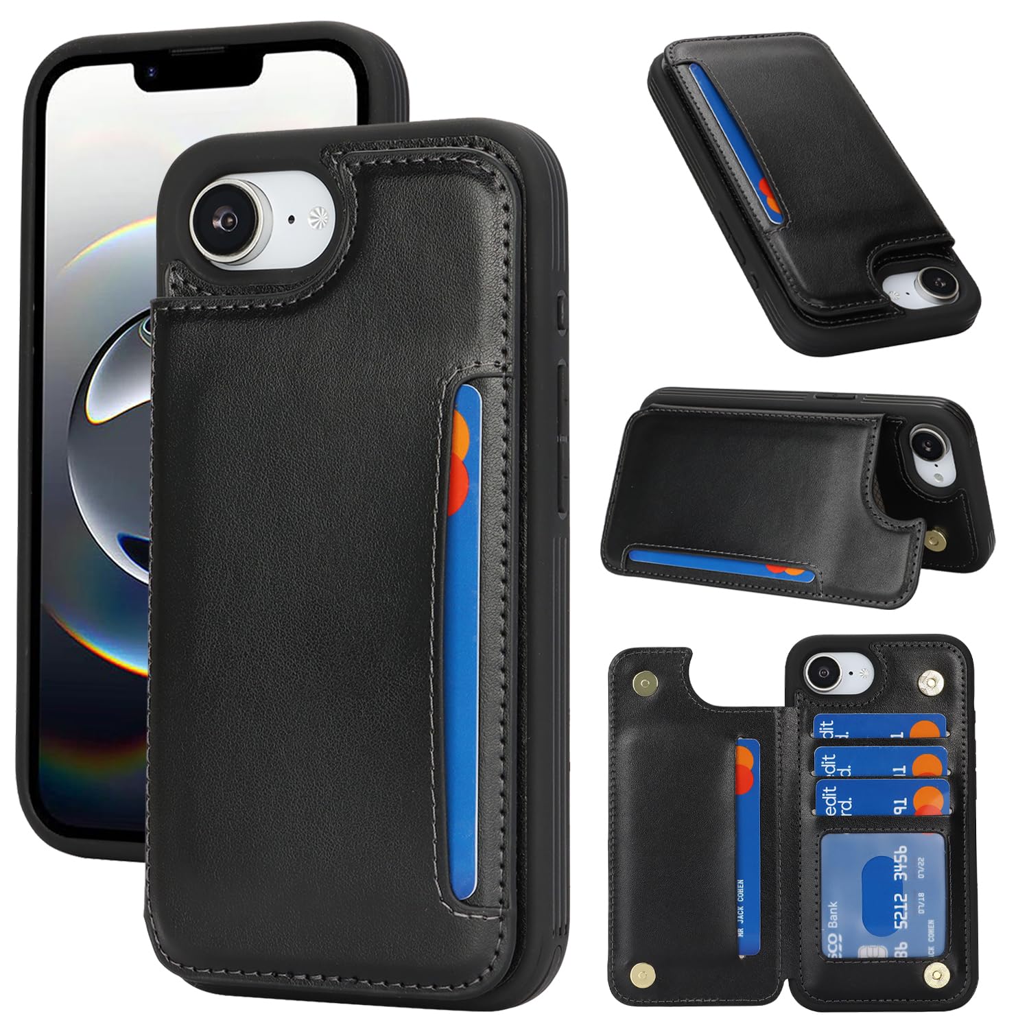 Sailortech for iPhone 16e 背面ケース 翻盖型 ICカード収納 カバー 財布背面 収納付き 磁気クラスプ 小銭入れ 財布型 実用 横置き機能 防塵 for アイフォン 16e ケース 背面収納 携帯カバー【選べる12色】6.1in-ブラック