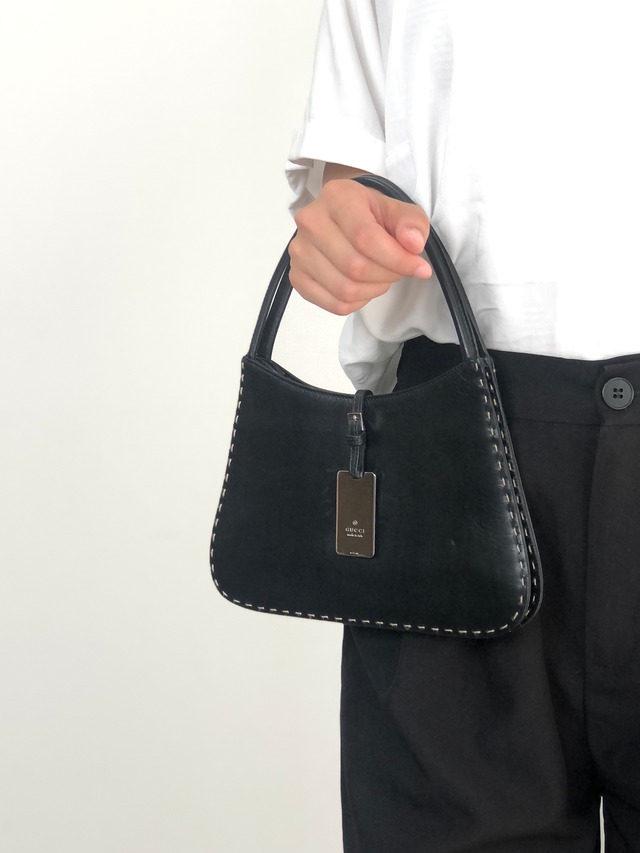 GUCCI グッチ ショルダーバッグ ブラック ステッチ ロゴプレート レザー セミショルダーバッグ vintage ヴィンテージ オールド 5yfah2