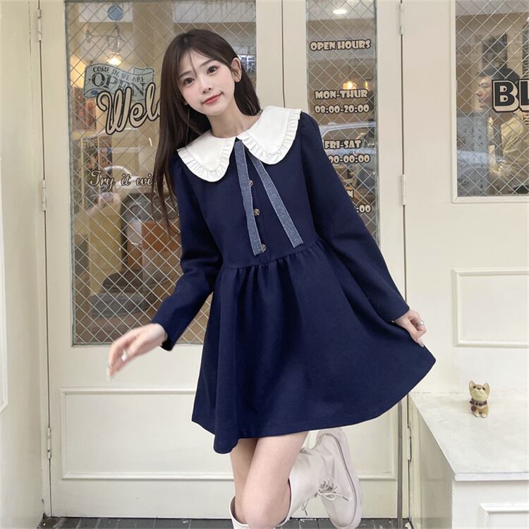 魅力的 アート学生 ウール sweet系 人形の襟 ワンピース 長袖 ミニスカート エレガント