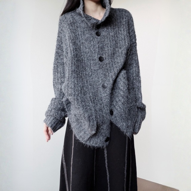 Asymmetric button fuzzy knit cardigan C1646