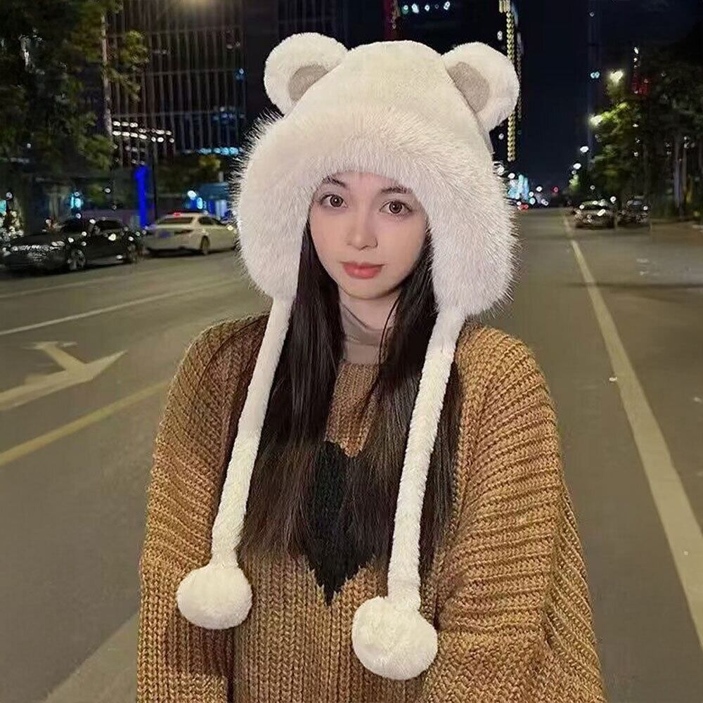 くま耳 ファー ハット レディース 韓国 帽子 防寒 保温 おしゃれ 大人 かわいい 暖かい 柔らかい 小顔 ふわふわ ポンポン付き 大人可愛い 大人女子