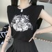 ✞✝✞ 黒ブラックノースリーブTシャツ☆ダークプリントトップス コットン ピュア ✞✝✞ ゴスロリ SM ミリ 甘ロリ クラロリ 和ロリ エレガント 黒ロリ 姫ロリ 華ロリ AA-AA2179766
