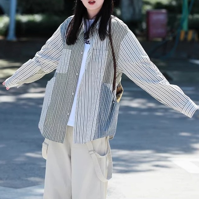 マルチストライプパッチワークルーズシャツ 1col   R01941