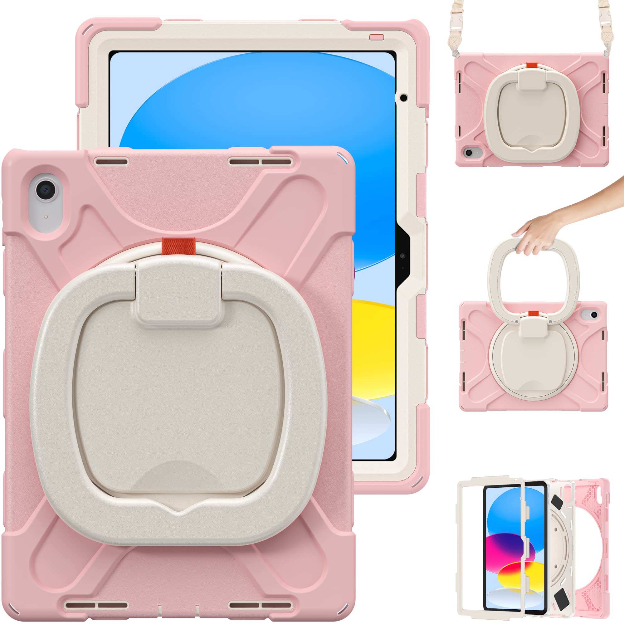 Moogukadan iPad 10 第10世代 2022/iPad 11(A16)2025 第11世代 用のケース 肩掛け ショルダーストラップ 360°回転ベルト スタンド ペンシル収納 米軍MIL資格 耐衝撃 キッズ かわいい 子供 アウトドア リング 持ち手付き 虹色 (ローズ金)