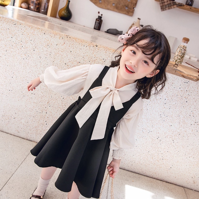 【お嬢様風のきれいめコーデ☆ワンピース ブラウス セットアップ】 セットアップ 子供服 ワンピース シャツ ブラウス リボンタイ ひざ丈 長袖 モノトーン フレア ワンピ 女の子 フォーマル ２点セット 七五三 発表会 結婚式 普段着 入学 卒業 90cm 100cm 110cm 120cm 130cm 140cm 送料無料