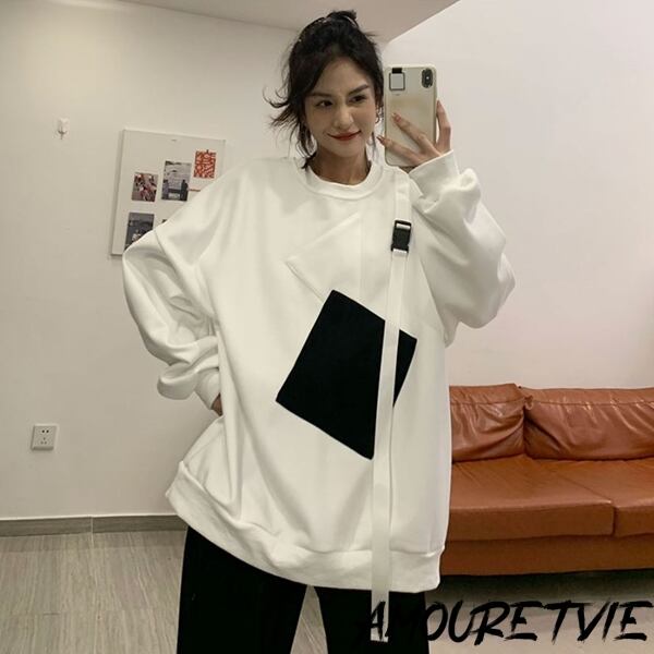 Amouretvie レディース トップス トレーナー スウェット アシンメトリー ホワイト ブラック 韓国ファッション 2447 Amouretvie 韓国系 モード系 個性的ファッションの通販サイト