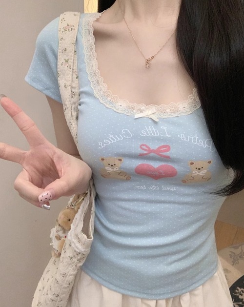 3色/レースネックドットプリントTシャツ ・78621