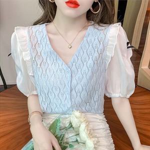 【送料無料】 半袖ブラウス 2色 フリル レース 夏 エレガント系 きれいめ 大人可愛い フェミニン こなれ感 コンサバ系 異素材切り替えデザイン 30代 40代 夏 レディースファッション 可愛い お出かけ 女子会 デイリーユース お茶会 お呼ばれ