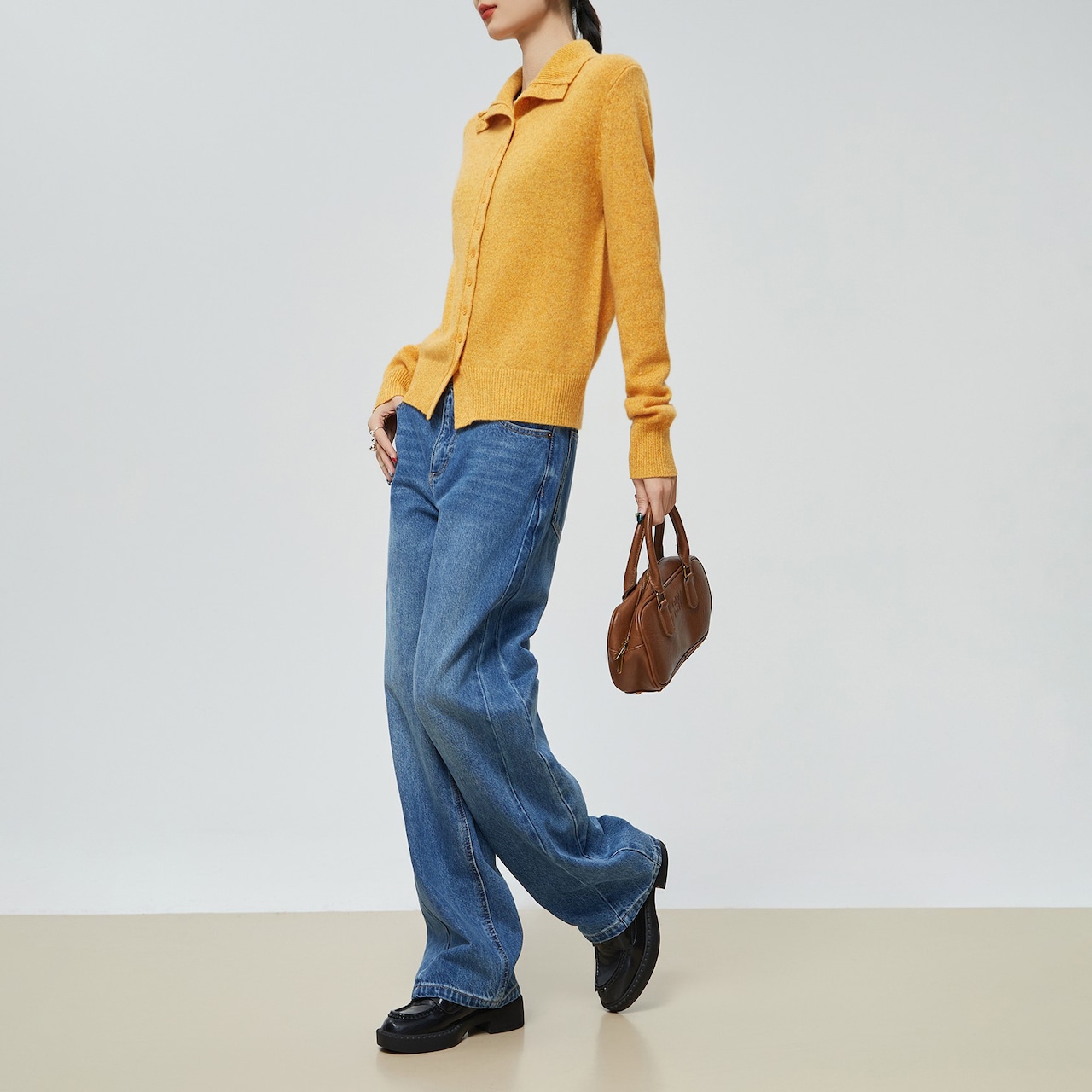 レトロカラー イエローニットカーディガン H0064