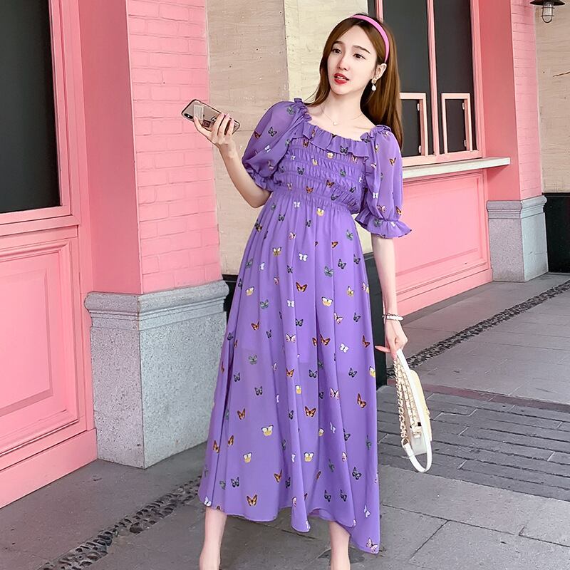 【新作】【送料無料】 マタニティウェア2020夏の新しいシフォンバタフライフラワースクエアネックドレス、年齢を減らすミドル丈のファッションマタニティドレス-アリババ サマー 夏物 フラワーデザイン スクウェア expec241423731597